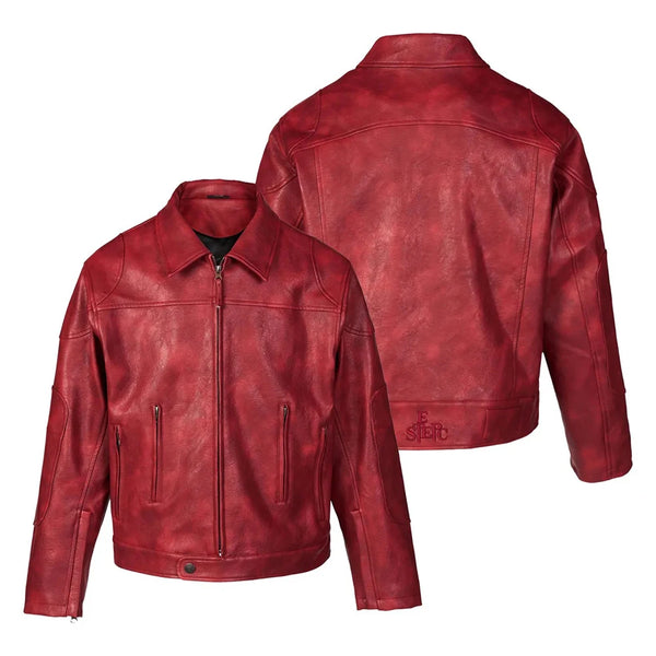 Men's red PU leather jacket in retro hip-hop style, featuring a loose fit, smooth zipper, and comfortable polyester lining.