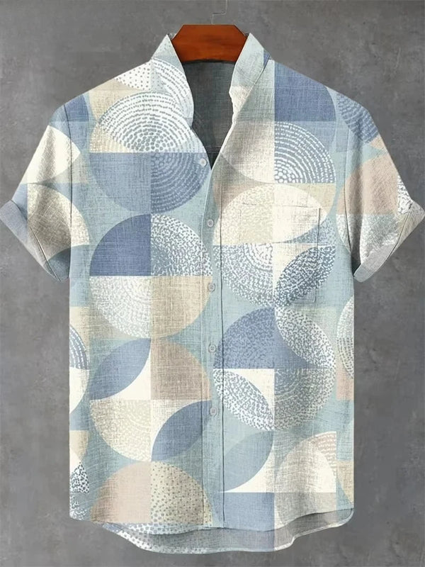Casual geometric block print shirt in denim-inspired finish with single-breasted closure