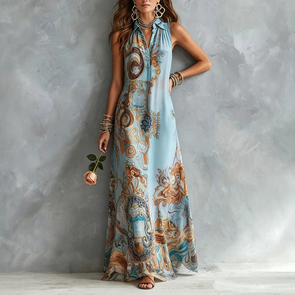 Casual sleeveless maxi dress in wrinkle-resistant polyester with colorful print and classic collar styling