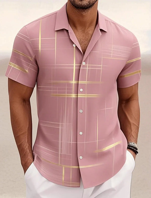 Men's geometric print shirt featuring turndown collar and wrinkle-resistant broadcloth fabric