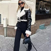 Chic cropped leather and wool blend jacket for women with fur trim, zipper closure, and turn-down collar, perfect for fall an