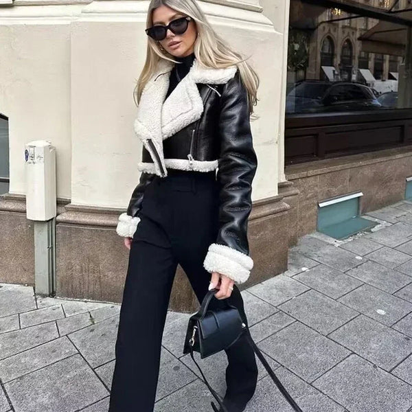 Chic cropped leather and wool blend jacket for women with fur trim, zipper closure, and turn-down collar, perfect for fall an