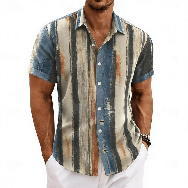 Retro color block vertical stripe shirt with lapel pocket and turn-down collar in bold vintage-inspired design