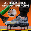 Anti-smash work boots showing rotating button closure system for secure customized fit