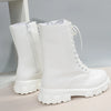Chic white ankle boots with chunky heel, PU leather, lace-up closure, perfect for fall/winter fashion and day-to-night wear.
