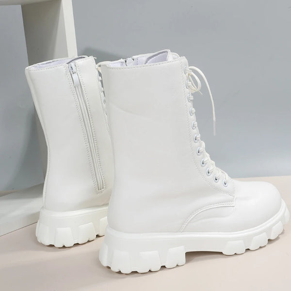 Chic white ankle boots with chunky heel, PU leather, lace-up closure, perfect for fall/winter fashion and day-to-night wear.