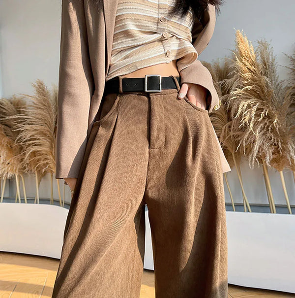 Corduroy high waist wide leg pants for women in classic style with button fly closure
