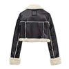 Chic cropped leather and wool blend jacket for women with fur trim, zipper closure, and stylish turn-down collar.