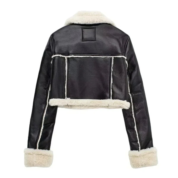 Chic cropped leather and wool blend jacket for women with fur trim, zipper closure, and stylish turn-down collar.