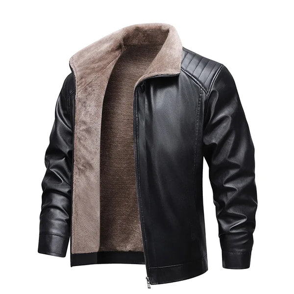Close-up of the chic turn-down collar on the men's faux leather jacket.