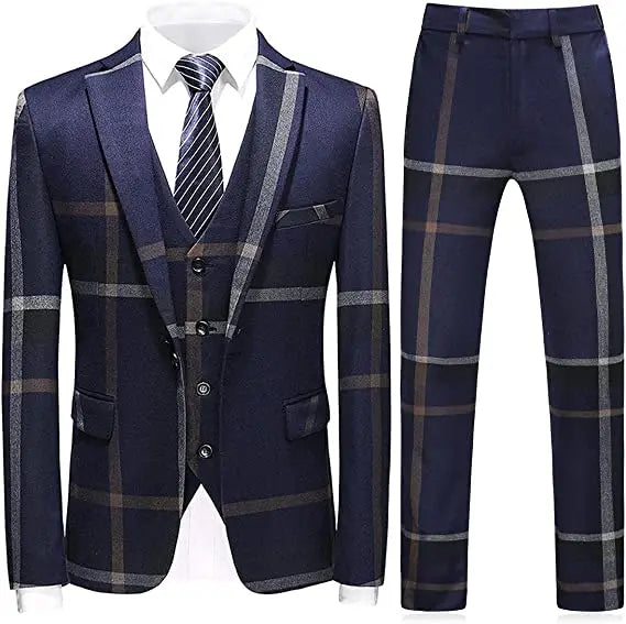 Elegant plaid 3-piece men's suit for formal occasions, featuring single-breasted jacket and flat-front pants in premium polye