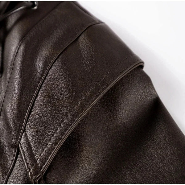 Chic belted leather bomber jacket for women, featuring lace-up detail, hood, and notched lapel, perfect for autumn and winter