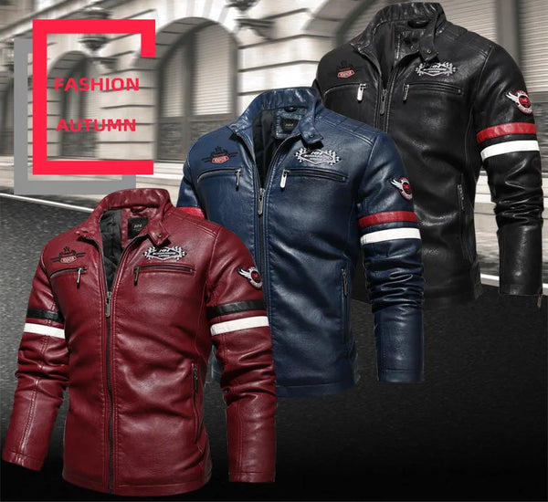 Stylish Men's PU Leather Biker Jacket in red, black, and dark blue with embroidery, perfect for winter and casual outings.