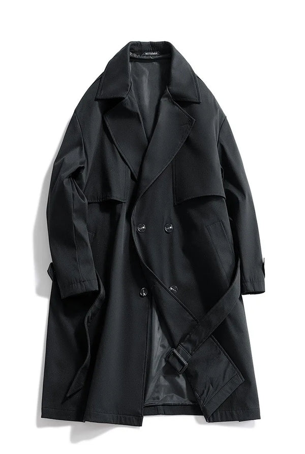 Men's military green slim fit trench coat with double-breasted closure and notched lapel, perfect for spring and autumn wear.