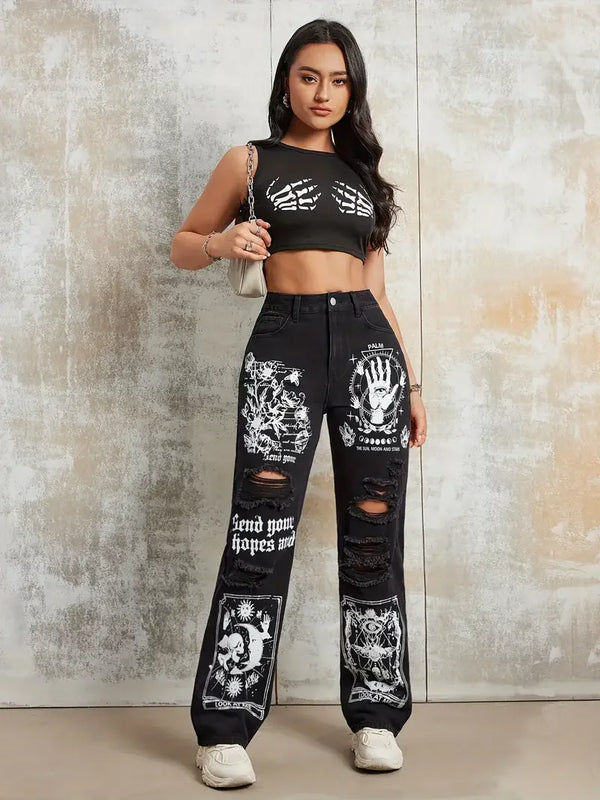 Trendy ripped high-waist straight jeans for women, perfect for casual outings and stylish streetwear. Comfortable cotton blen
