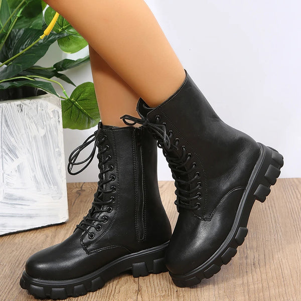 Chic white ankle boots with chunky heel, lace-up closure, and durable PU leather for stylish fall/winter outfits.