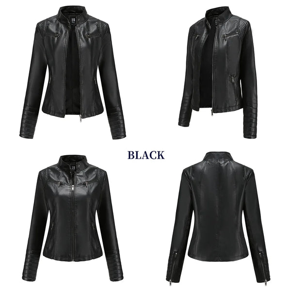 Chic women's slim leather biker jacket with zip detail, stand-up collar, and tailored fit for stylish urban looks.