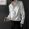 Men's luxury silk blend casual shirt in black with subtle graphic pattern, slim fit, perfect for spring and summer wear.
