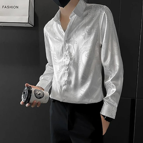 Men's luxury silk blend casual shirt in black with subtle graphic pattern, slim fit, perfect for spring and summer wear.