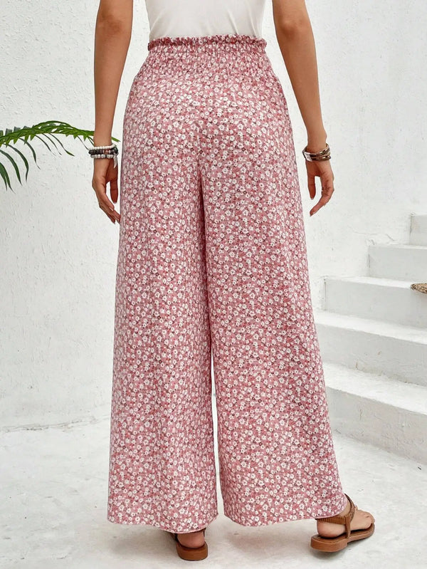 Floral wide-leg chiffon pants for women, ankle-length, elastic waist, perfect for summer fashion and casual chic style.