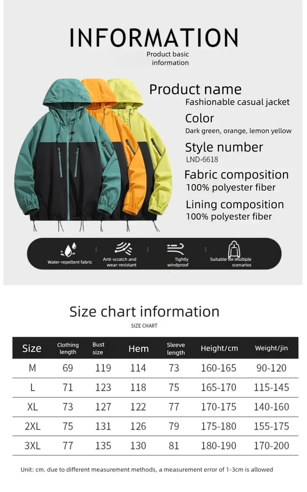 Men's waterproof hiking and urban windbreaker jacket with full-zip closure, oversized fit, and ribbed cuffs for warmth.
