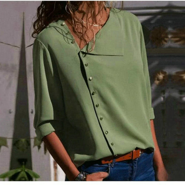 Elegant long sleeve office blouse for women, double-breasted, slim fit, versatile for business attire in various colors.