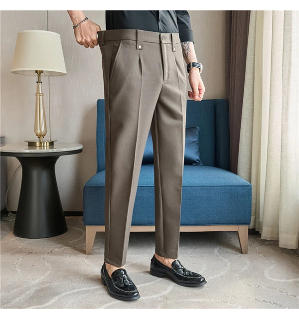 Men's slim fit dress pants in British style with elastic waist, perfect for casual or formal occasions, made from polyester b