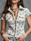 Floral print shirt in denim style featuring sleek stand collar and zipper front