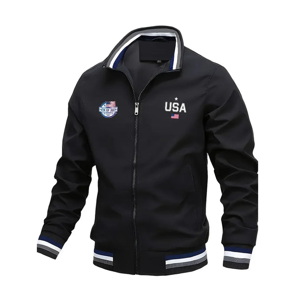 Men's Casual Varsity Bomber Jacket with USA print, stylish zip-up design, ribbed cuffs, perfect for autumn and spring wear.