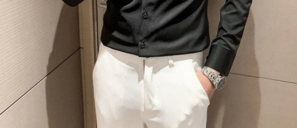 Elegant men's embroidered white long sleeve shirt with turn-down collar, perfect for casual and social events.