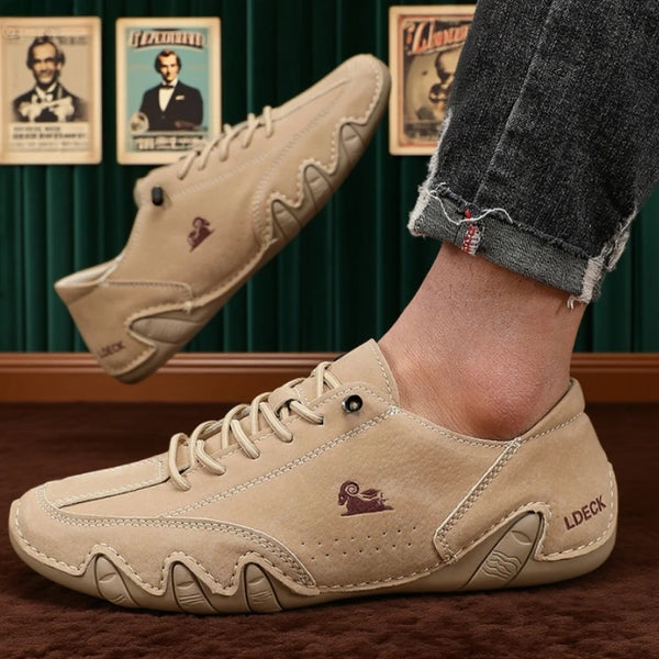 Brown leather-look stitched ankle boots with cushioned insole and reliable traction for modern men