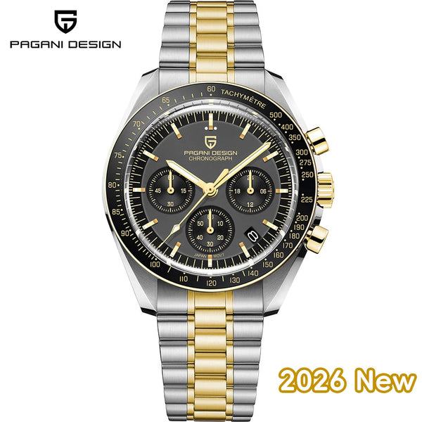 Moonwatch with a polished finish on a wooden table.