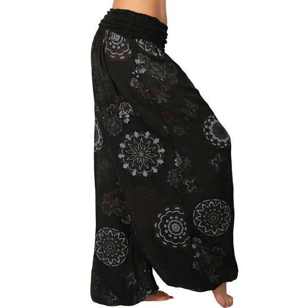Boho chic wide leg harem pants for women with geometric print, ankle-length, mid-rise waist, perfect for casual or party wear