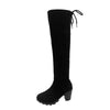 Chic over-the-knee black boots with chunky heels, lace-up detail, and comfortable cotton lining for stylish fall fashion.