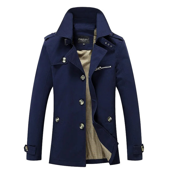 Sleek Men's Casual Business Trench Coat in polyester with turn-down collar, perfect for stylish business and casual wear.