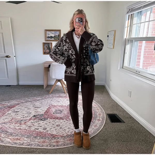 Timeless Fair Isle cardigan with adjustable tie waist and printed design