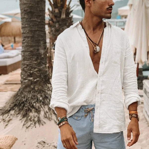 Men's spring summer linen shirt in relaxed oversized style with easy-care natural fabric construction