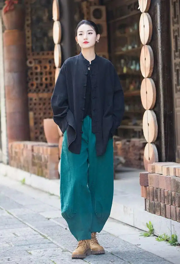 Natural cotton-linen stand collar coat with clean lines and effortless style