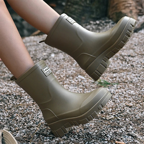 Chic waterproof women's ankle rain boots with non-slip outsole, perfect for rainy days and outdoor events.