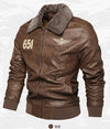 Men's Autumn/Winter Embroidered Leather Biker Jacket with detachable collar, fleece lining, and classic aviator design.