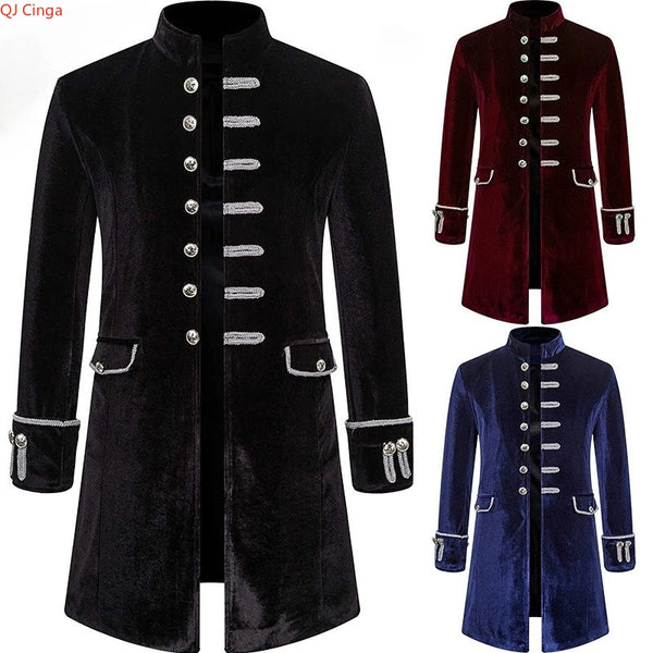 Elegant men's medieval-style trench coat in black, blue, and burgundy with single-breasted design and stand collar.