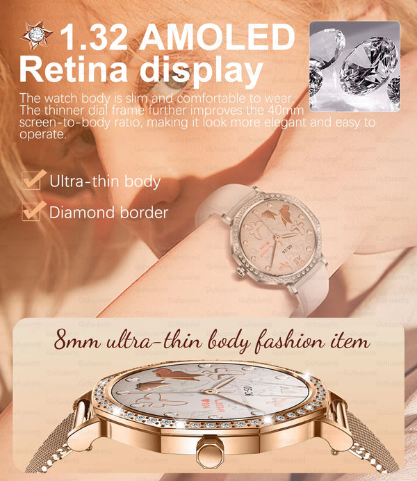 Gleaming Precision smartwatch with sapphire crystal and diamond crown, showcasing elegance.