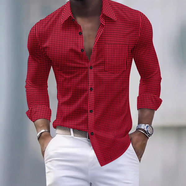 Men's business casual plaid long-sleeve shirt in soft polyester with turn-down collar, perfect for autumn and spring wear.