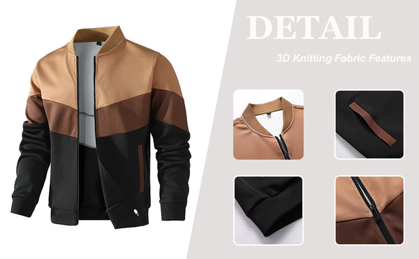 Men's trendy color block bomber jacket in US sizes, stylish zip-up design for all-season wear and casual outings.