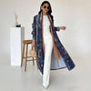 Blue button-front hooded coat in soft woolen polyester with flattering extra-long design