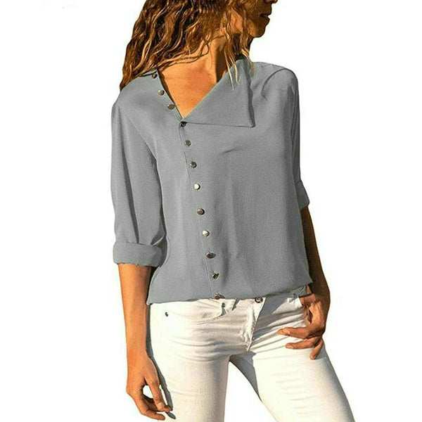 Elegant long sleeve office blouse for women, double-breasted, slim fit, versatile for business attire in multiple colors.