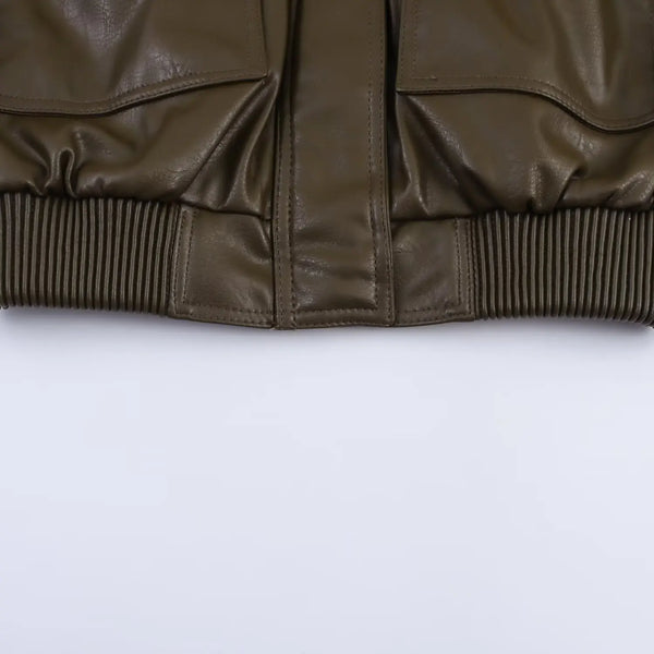 Chic army green faux leather jacket for women with stand collar, loose fit, and functional pockets for stylish winter wear.