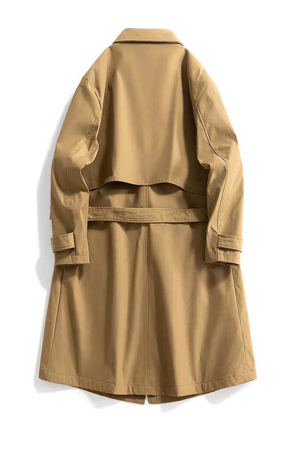 Men's military green slim fit trench coat with double-breasted closure and notched lapel, perfect for spring and autumn wear.