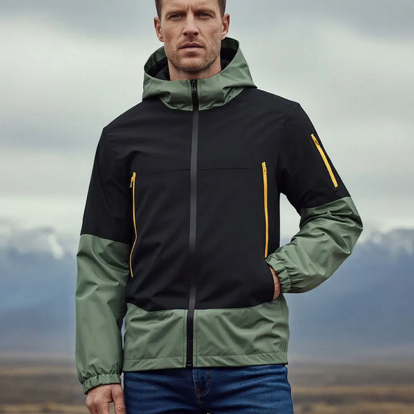 Men's hooded windproof jacket for outdoor sports, lightweight, breathable, perfect for fall and winter adventures.