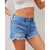 Straight leg denim shorts featuring rebellious fringe trim and secure button closure